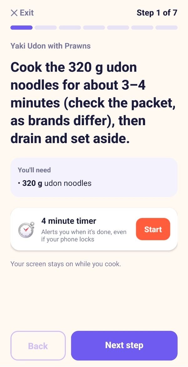 A2B Meal Planner cooking mode showing one step with a timer