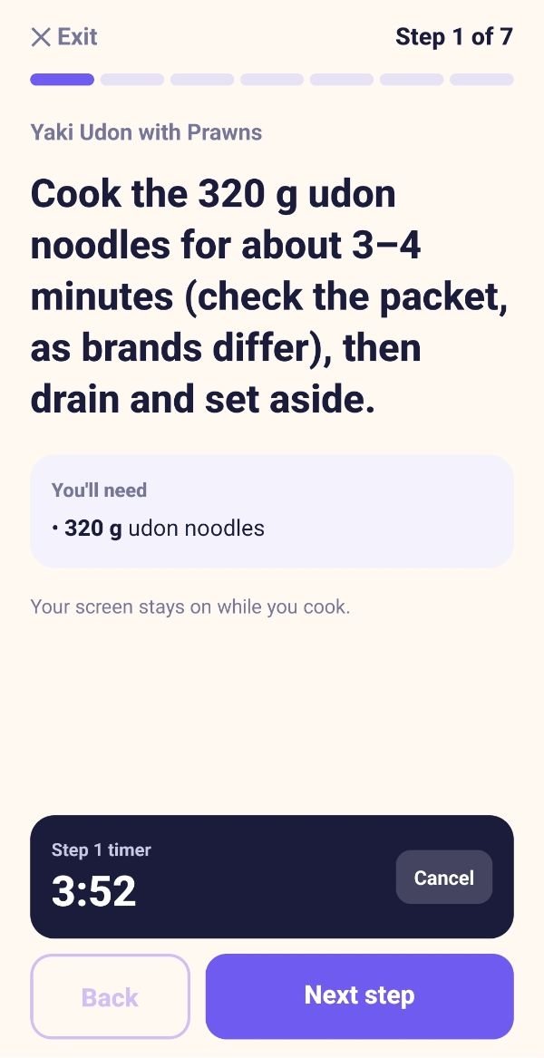 A2B Meal Planner cooking mode with a timer counting down