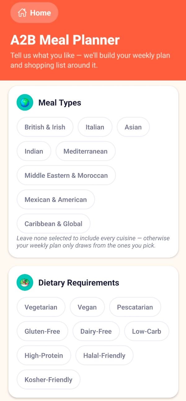 A2B Meal Planner set-up screen: choosing favourite cuisines and dietary requirements