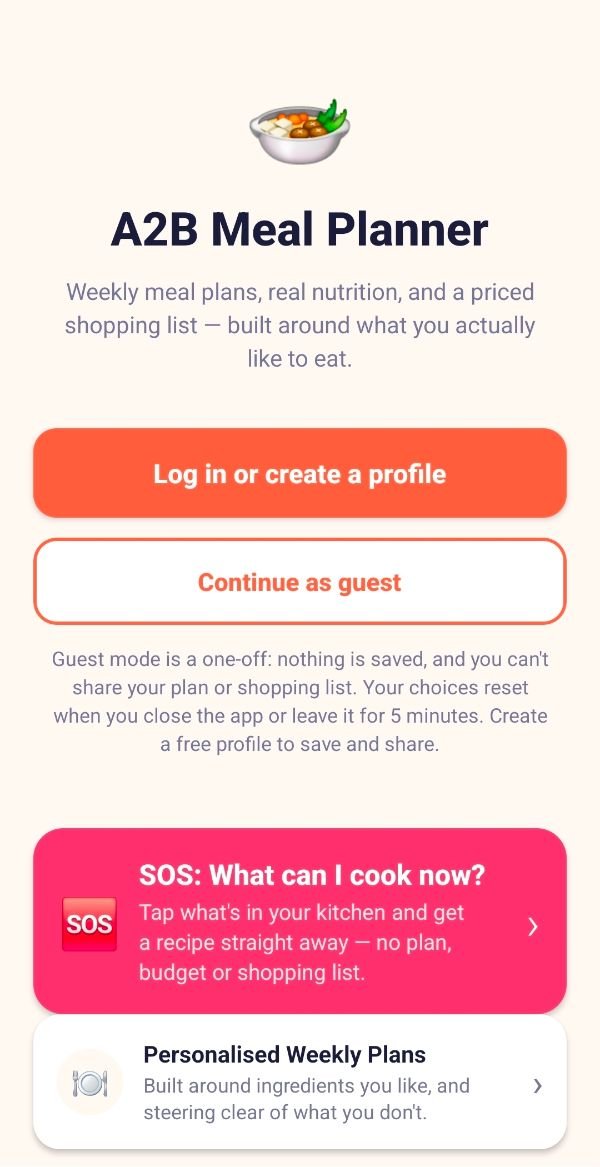 A2B Meal Planner home screen with the main planning options