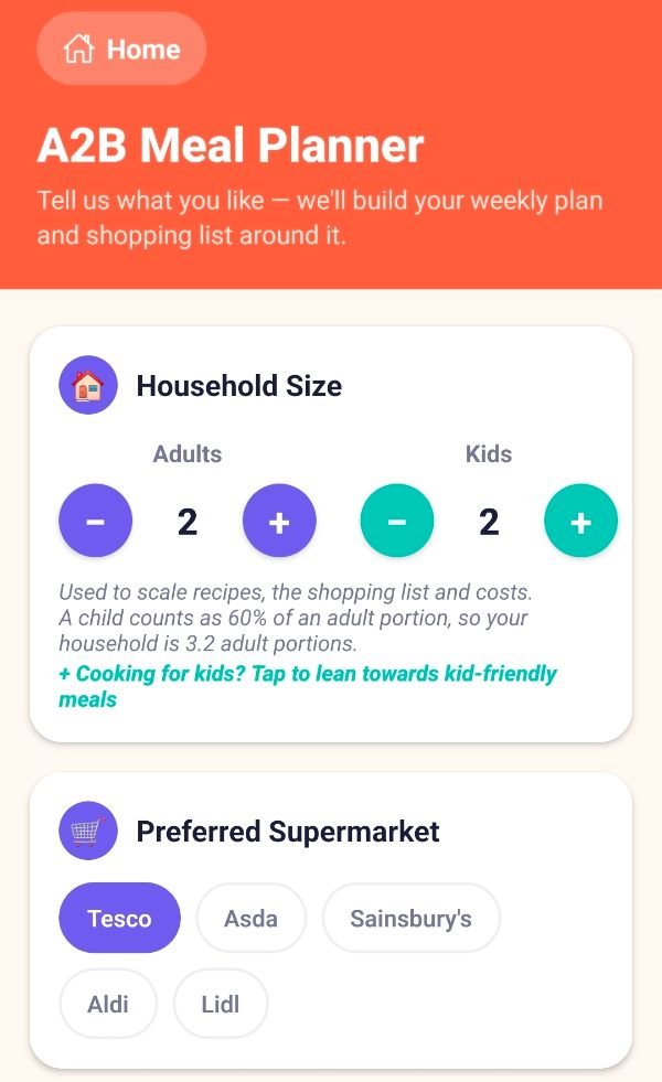 A2B Meal Planner set-up screen: choosing who is eating and your supermarket
