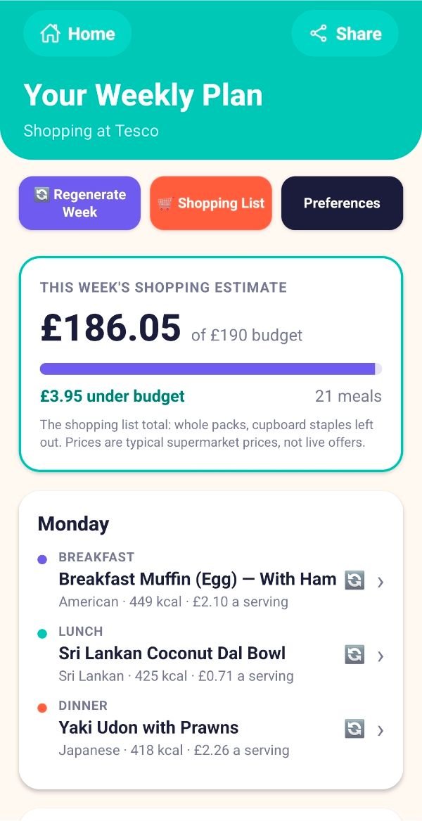 A2B Meal Planner weekly plan showing meals for each day