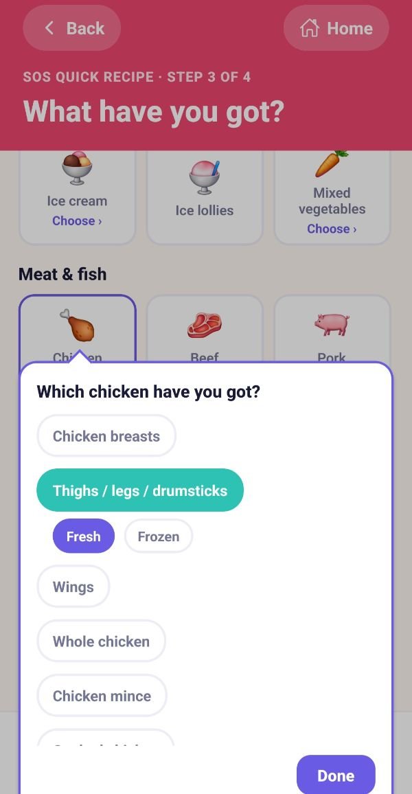 A2B Meal Planner SOS screen asking whether the chicken is fresh or frozen